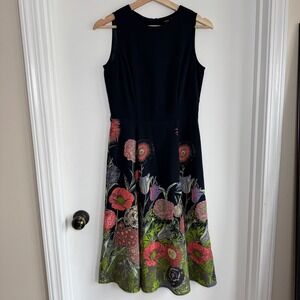 ASOS Sleeveless‎ Fit and Flare Midi Dress Navy Blue Floral Border Print Size 4